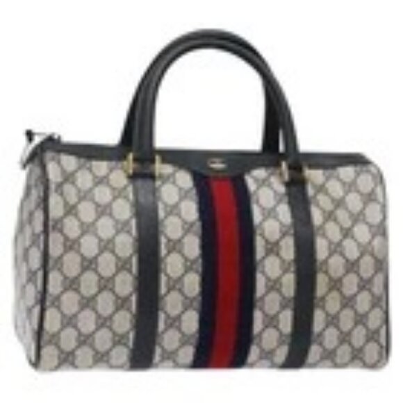 GUCCI GG Supreme Sherry Line Boston Bag PVC Navy Red gold Auth 138290 - Picture 1 of 16